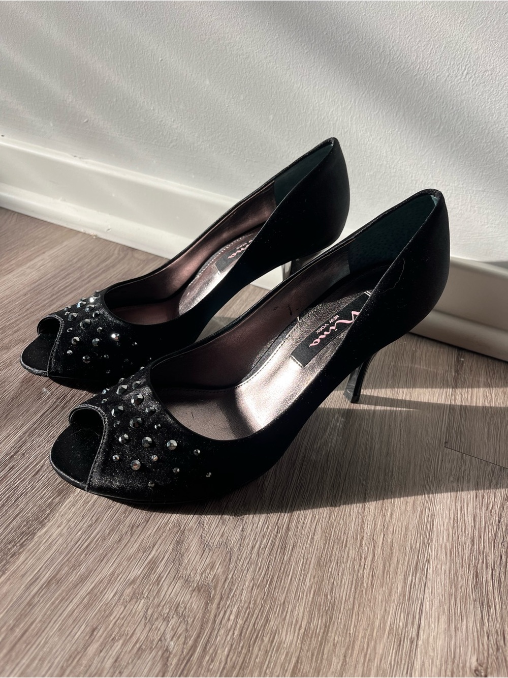 Nina Black Peep-Toe Heels with Stud Embellishments